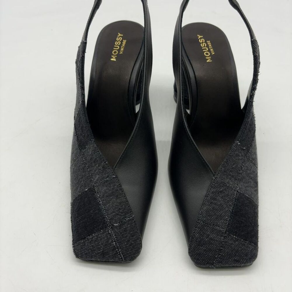 Moussy Patchwork Denim Toe Slingback Heels